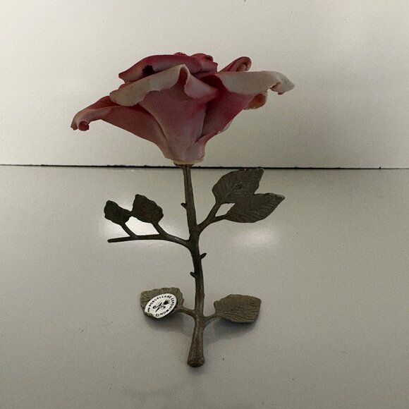Capodimonte Porcelain Handmade Pink Rose Silvertone Stem Figurine Made in Italy - Picture 6 of 6